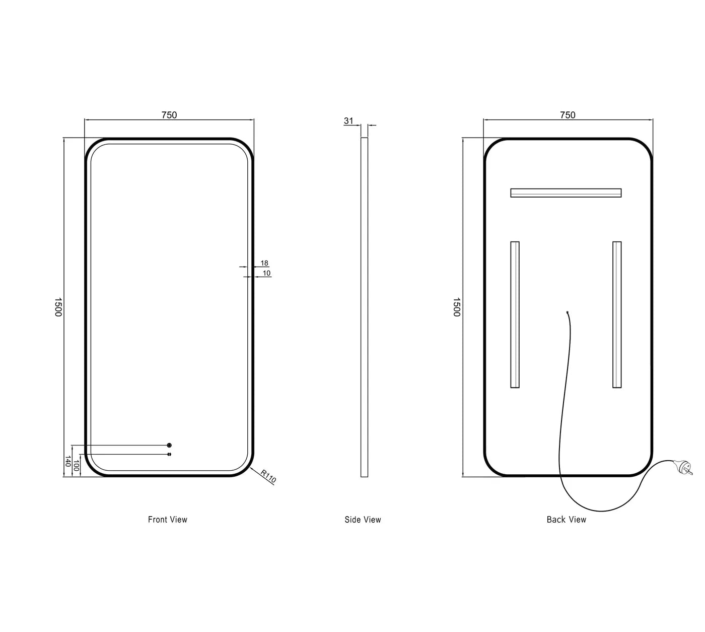 Charlie Rectangle Rounded Gold LED Mirror