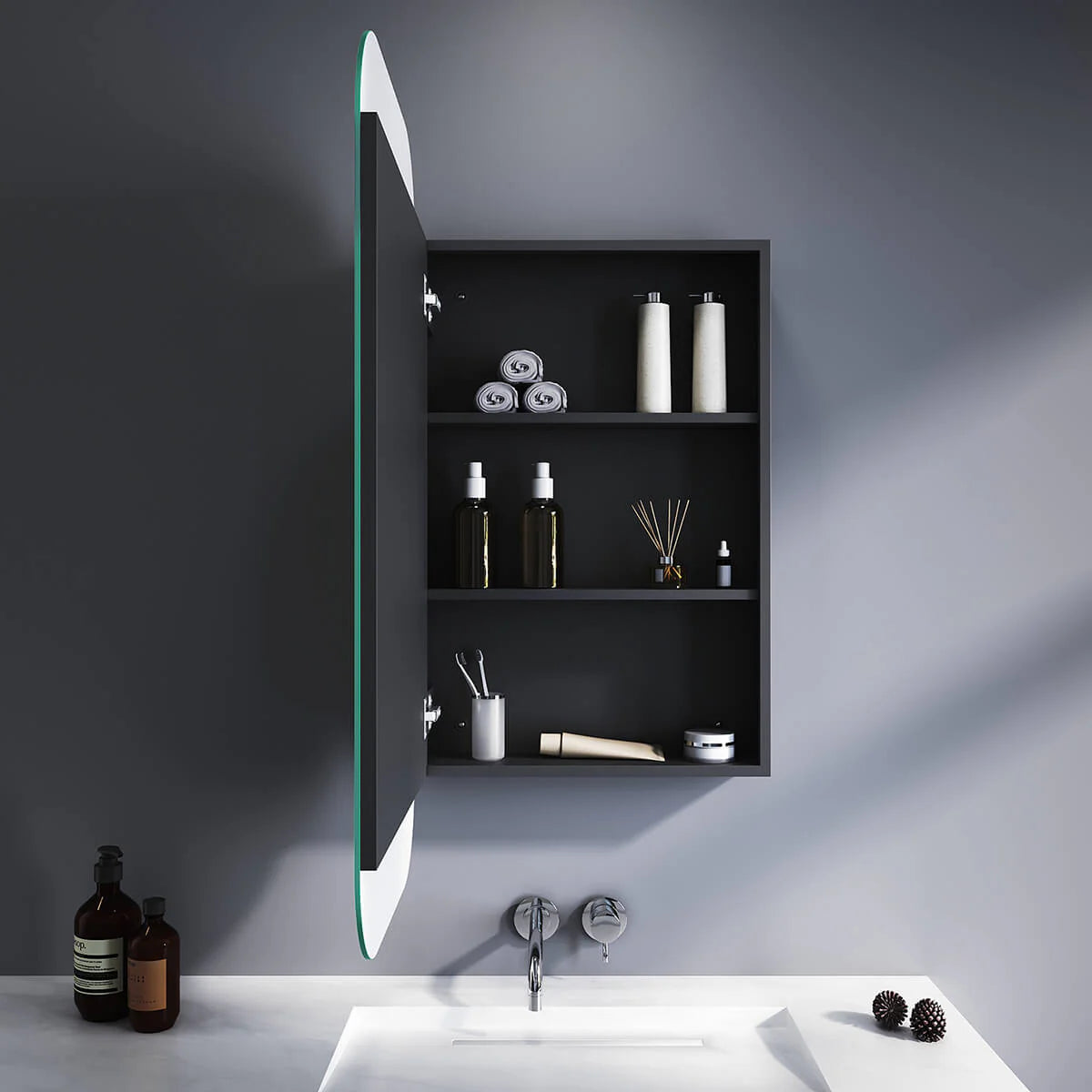 Milo Rounded Rectangle Black Bathroom Mirror Cabinet