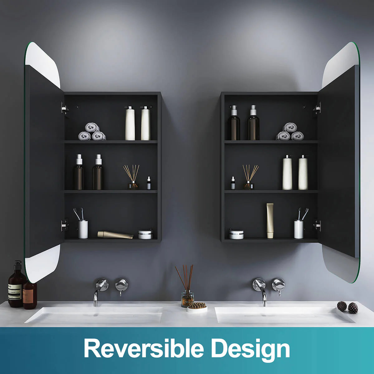 Milo Rounded Rectangle Black Bathroom Mirror Cabinet