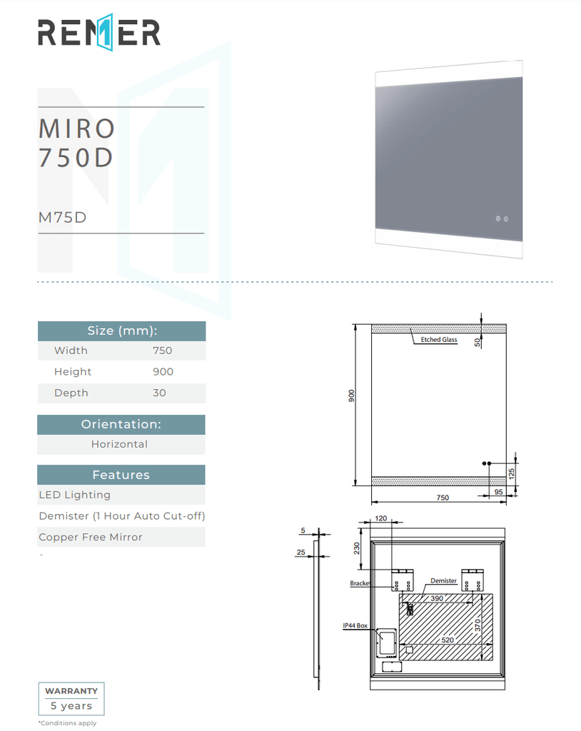 Remer Miro Backlit Bathroom Mirror - Optional Bluetooth Audio