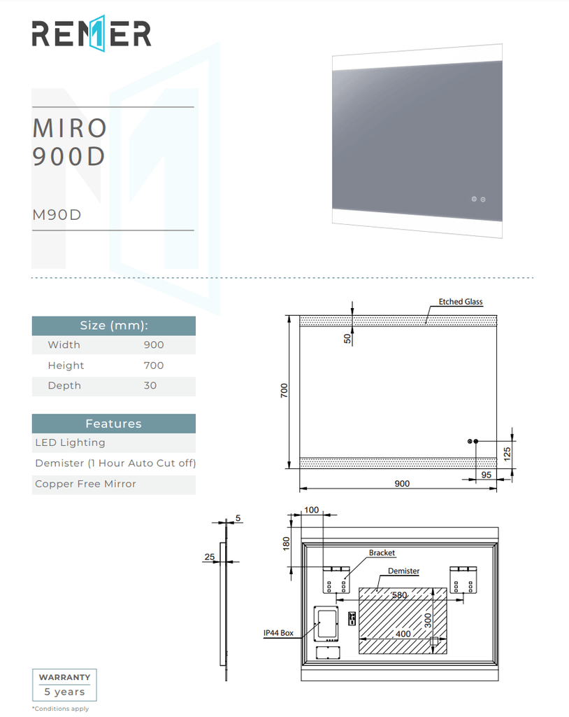 Remer Miro Backlit Bathroom Mirror - Optional Bluetooth Audio