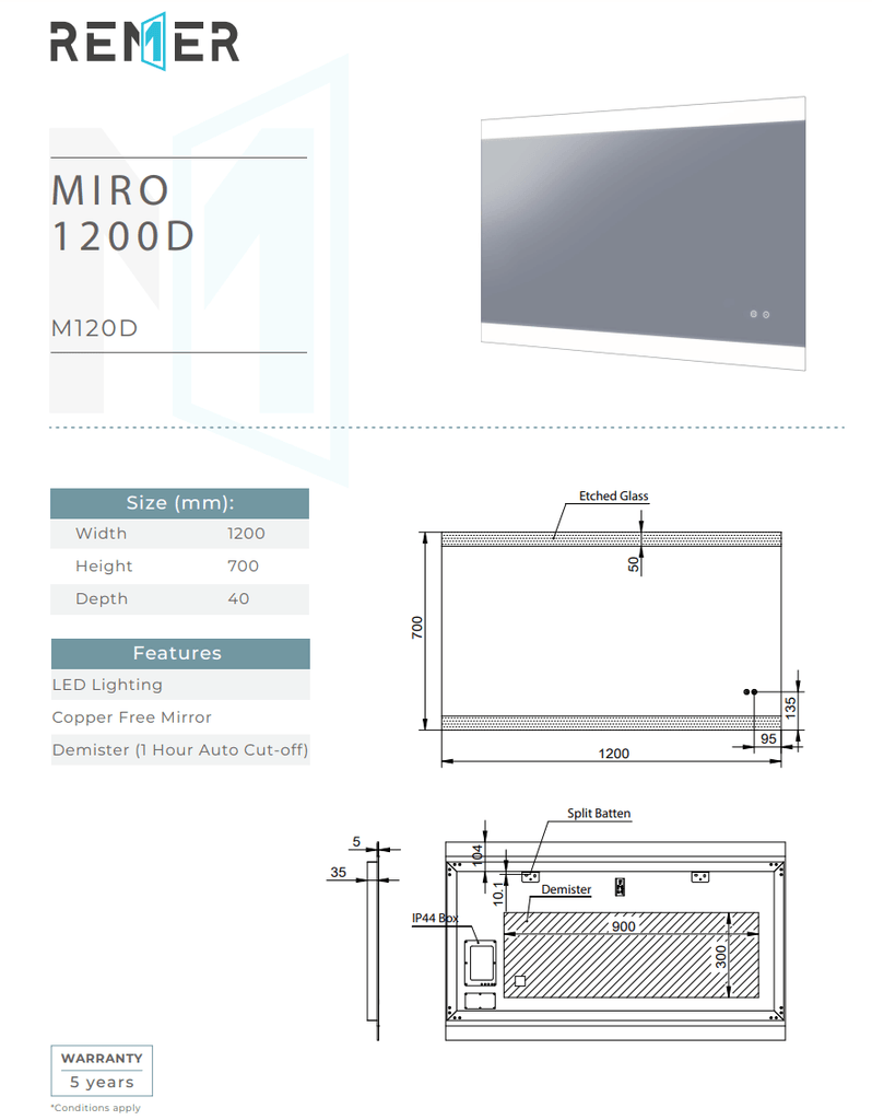 Remer Miro Backlit Bathroom Mirror - Optional Bluetooth Audio