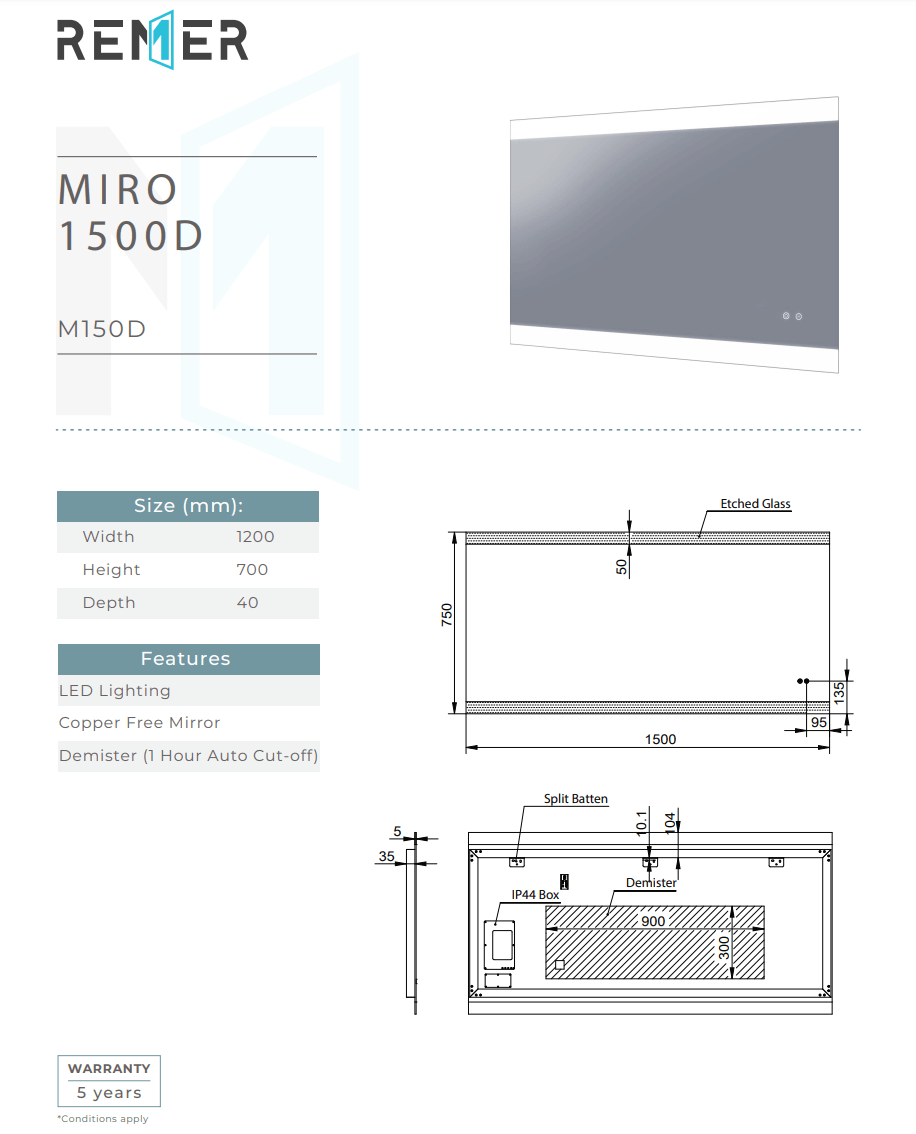 Remer Miro Backlit Bathroom Mirror - Optional Bluetooth Audio