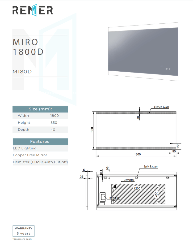 Remer Miro Backlit Bathroom Mirror - Optional Bluetooth Audio