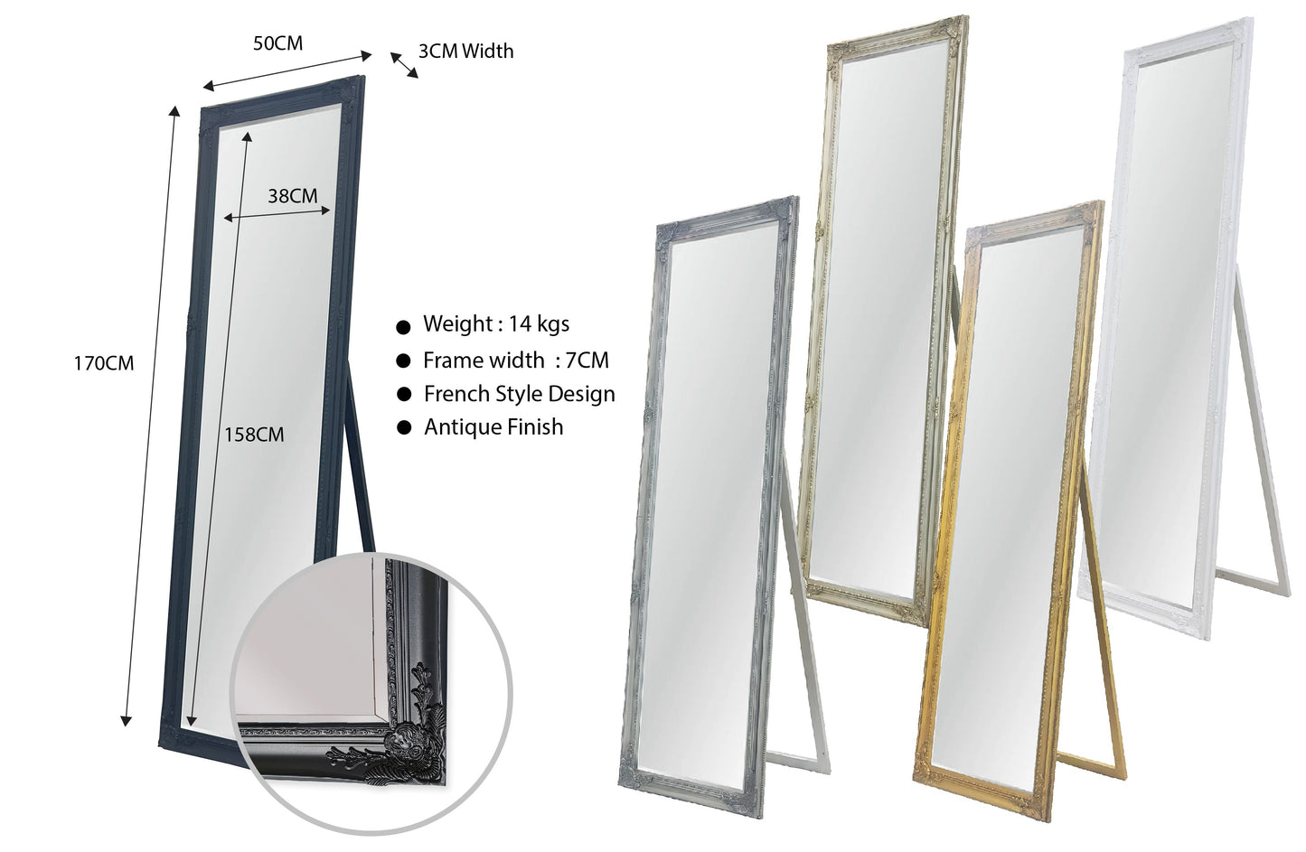 Armel Antique Champagne Full Length Mirror with Stand