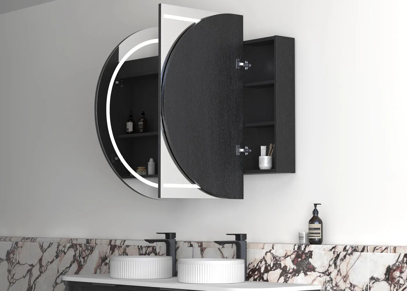 Zara 3 Door Oval LED Shaving Cabinet - Black