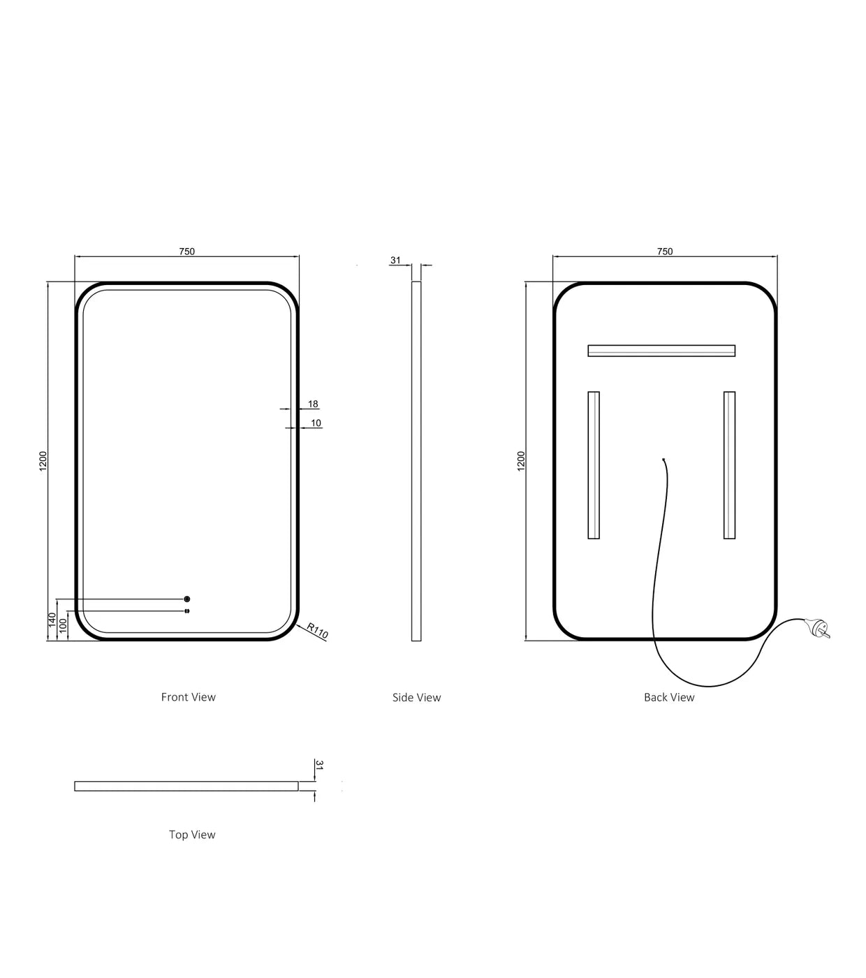 Charlie Rectangle Rounded White Framed LED Mirror
