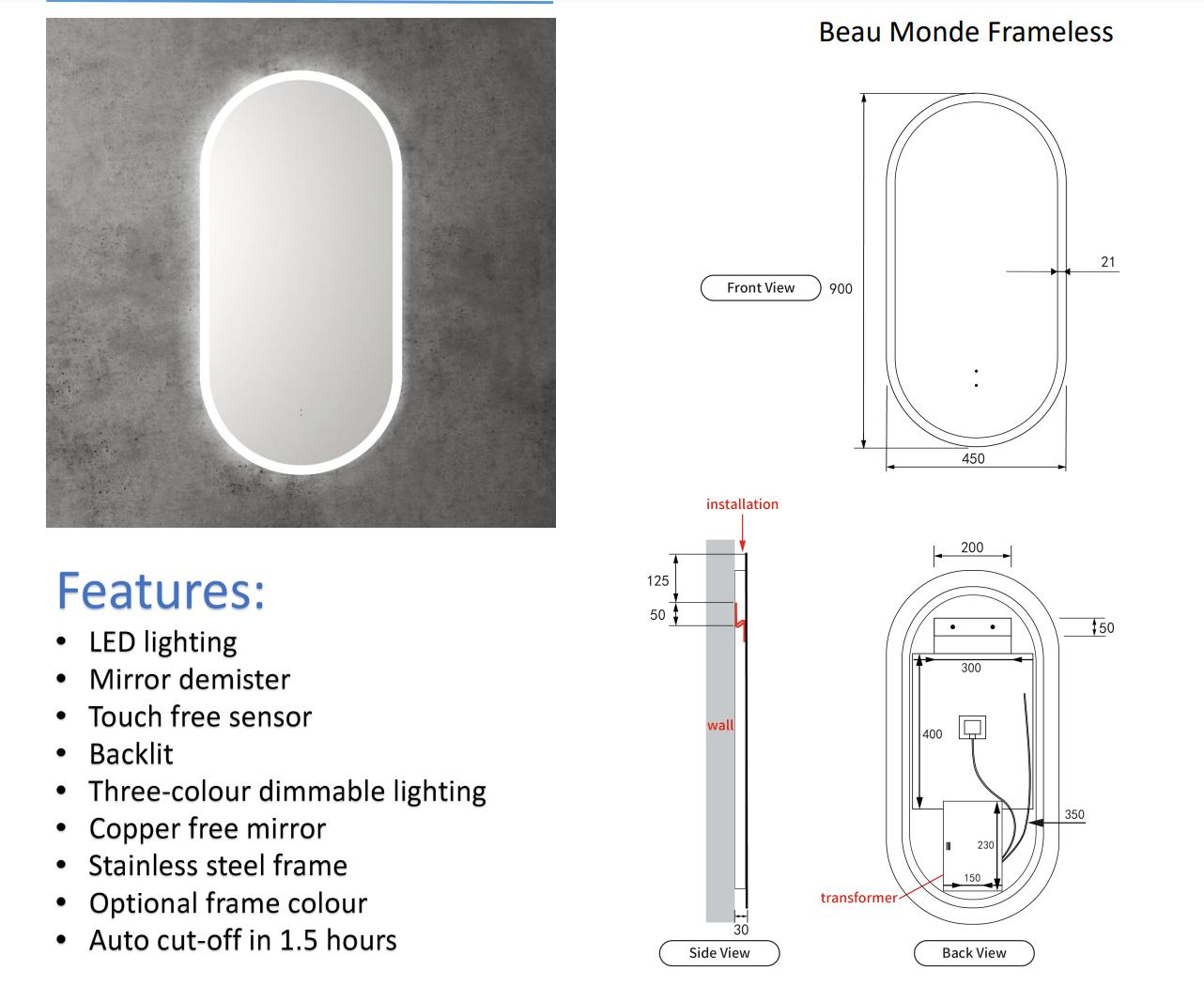 Beau Monde Pill Shape LED Mirror