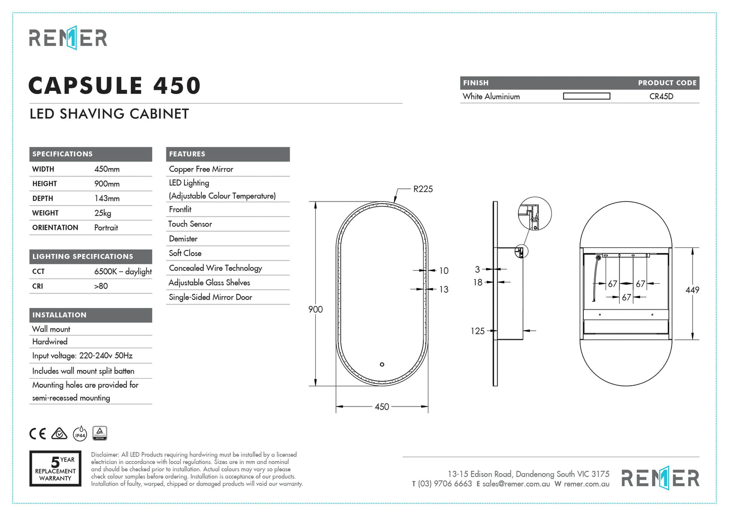 Remer Capsule LED Shaving Cabinet